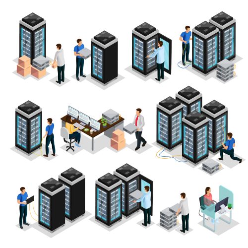 Isometric Data Center Collection Isometric data center collection with engineers repair and maintain hosting servers equipment isolated vector illustration